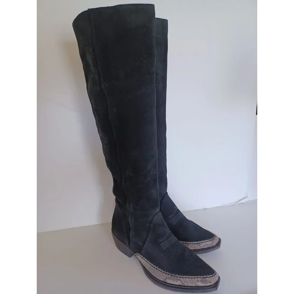 Free People Boho Western Boot Sterling Knee Hi Tall Slouchy Black Suede Euro 38